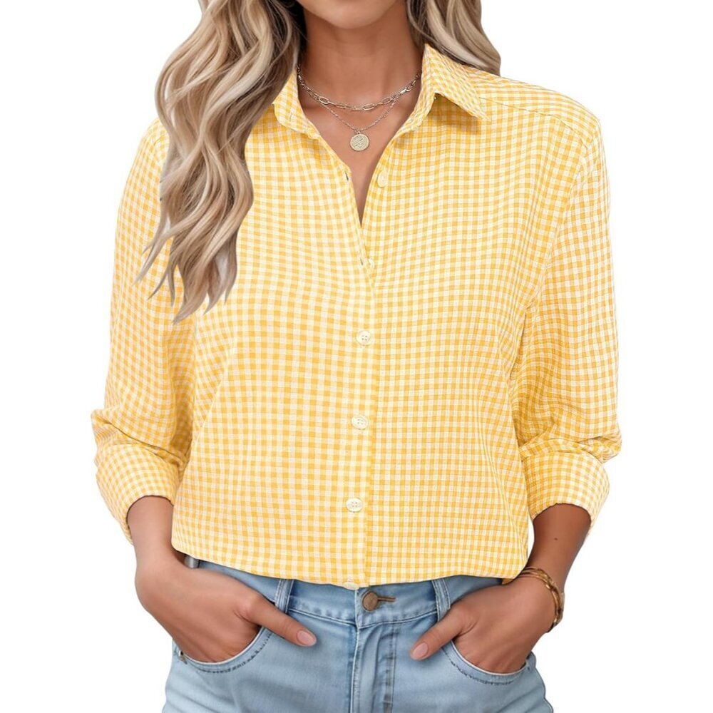 Women's Casual Cotton Button Down Shirt Large V-Neck Plaid Woven Top